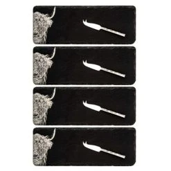 The Just Slate Company Set Of 4 Highland Cow Mini Slate Cheese Board & Knife Sets