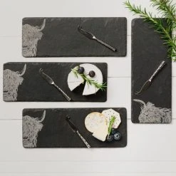 The Just Slate Company Set Of 4 Highland Cow Mini Slate Cheese Board & Knife Sets -tableware JSMCBSHC Just Slate Company Highland Cow Cheese Board Knife Set 3