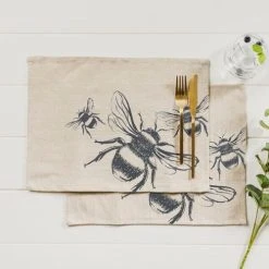 The Just Slate Company Set Of 2 Bee Linen Placemats -tableware LTTM2B Just Slate Company Bee Linen Place Mats 3