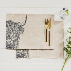 The Just Slate Company Set Of 2 Highland Cow Linen Placemats -tableware LTTM2HC Just Slate Company Highland Cow Linen Place Mats 2